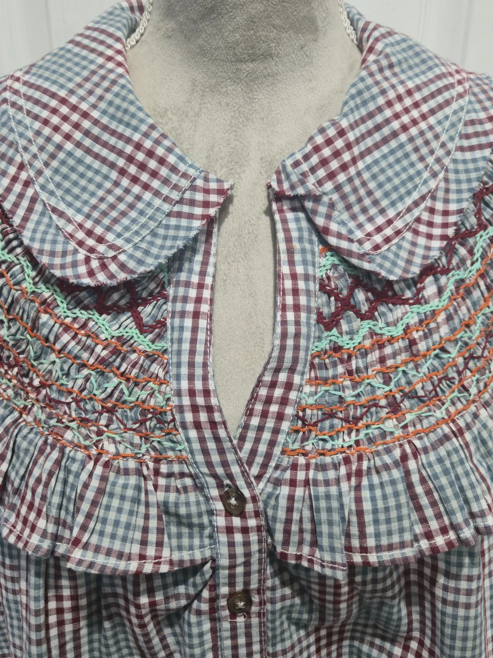 Pilcro Anthropologie Smocked Plaid Babydoll Mini Dress Ruffle Collar Puff Sleeve